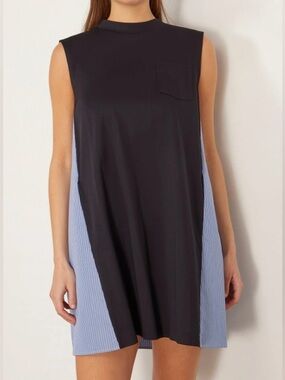 Sacai NWOT Navy Cotton Poplin Dress with Blue Stripe